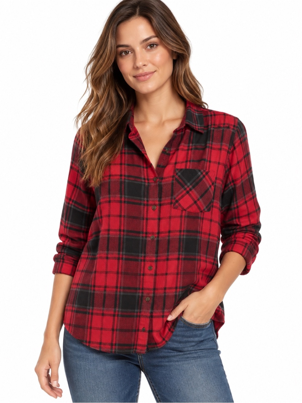 Hippie Rose Women’s Red & Black Plaid Button Down Flannel Shirt – Size Large